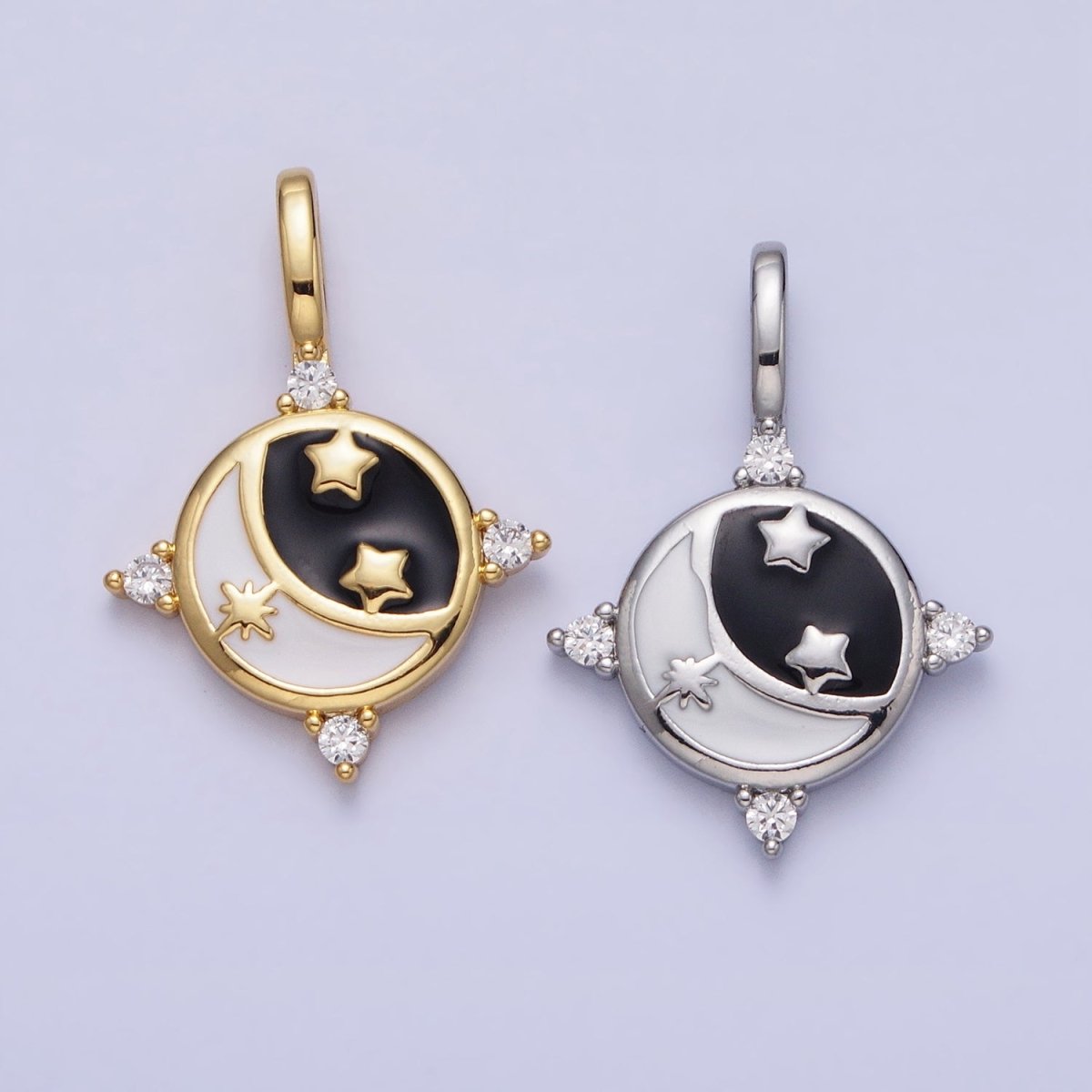 Gold, Silver Celestial Crescent Moon Stars Black & White Enamel Round Pendant | AA168, AA169