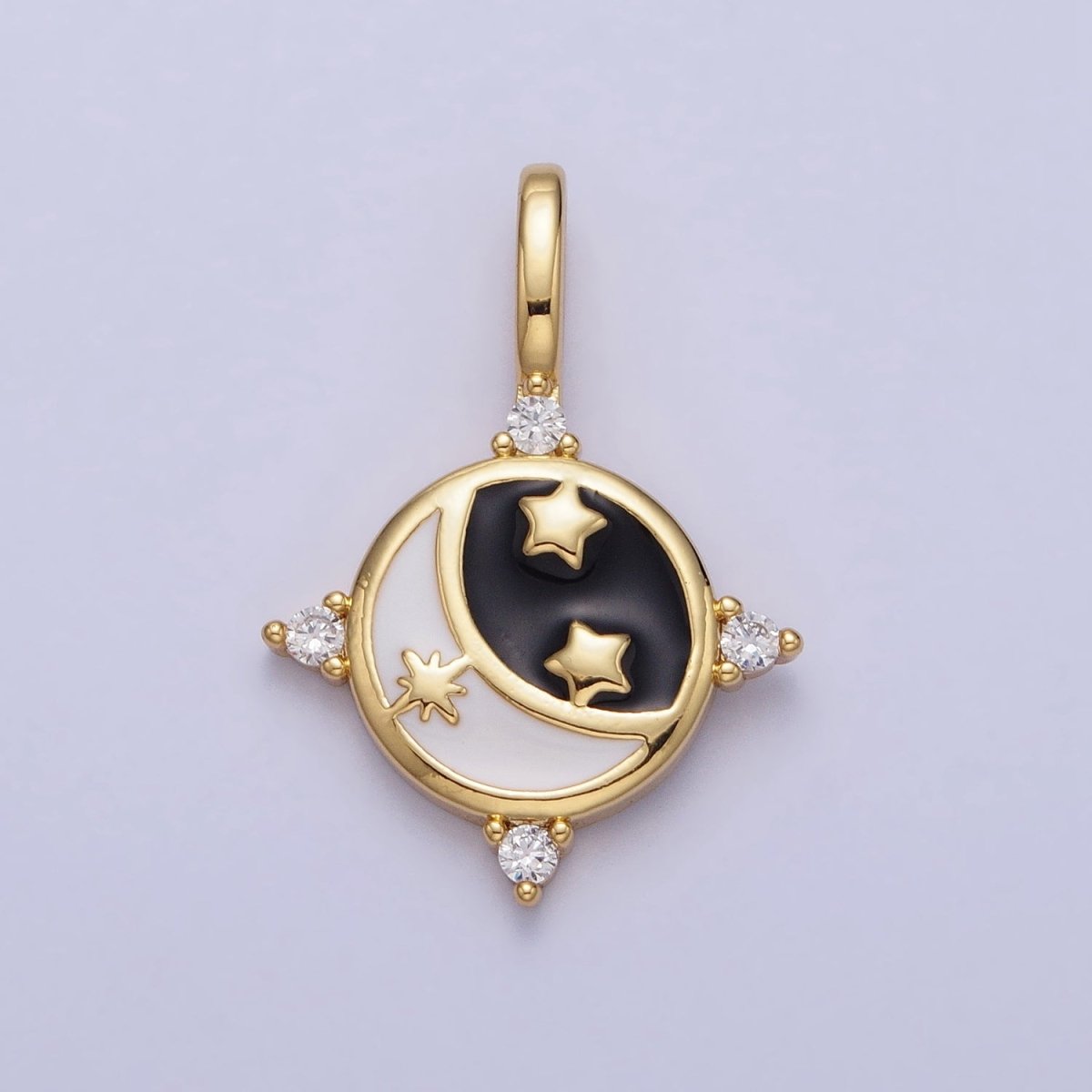 Gold, Silver Celestial Crescent Moon Stars Black & White Enamel Round Pendant | AA168, AA169