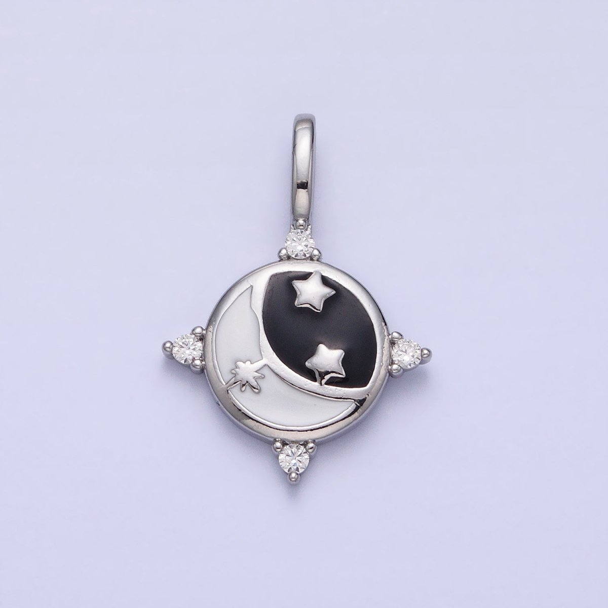 Gold, Silver Celestial Crescent Moon Stars Black & White Enamel Round Pendant | AA168, AA169