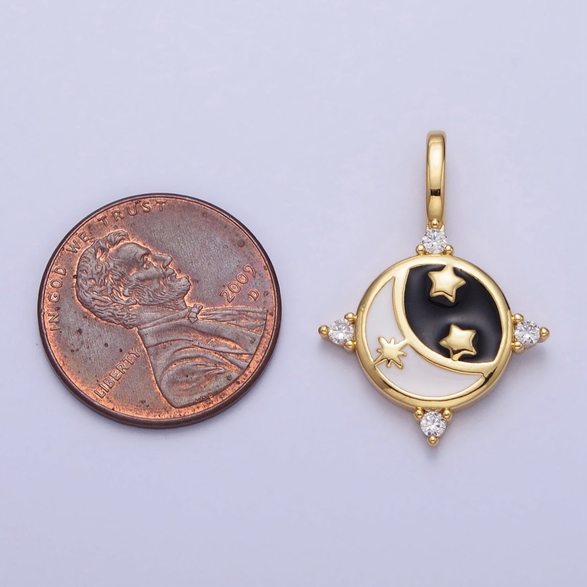 Gold, Silver Celestial Crescent Moon Stars Black & White Enamel Round Pendant | AA168, AA169