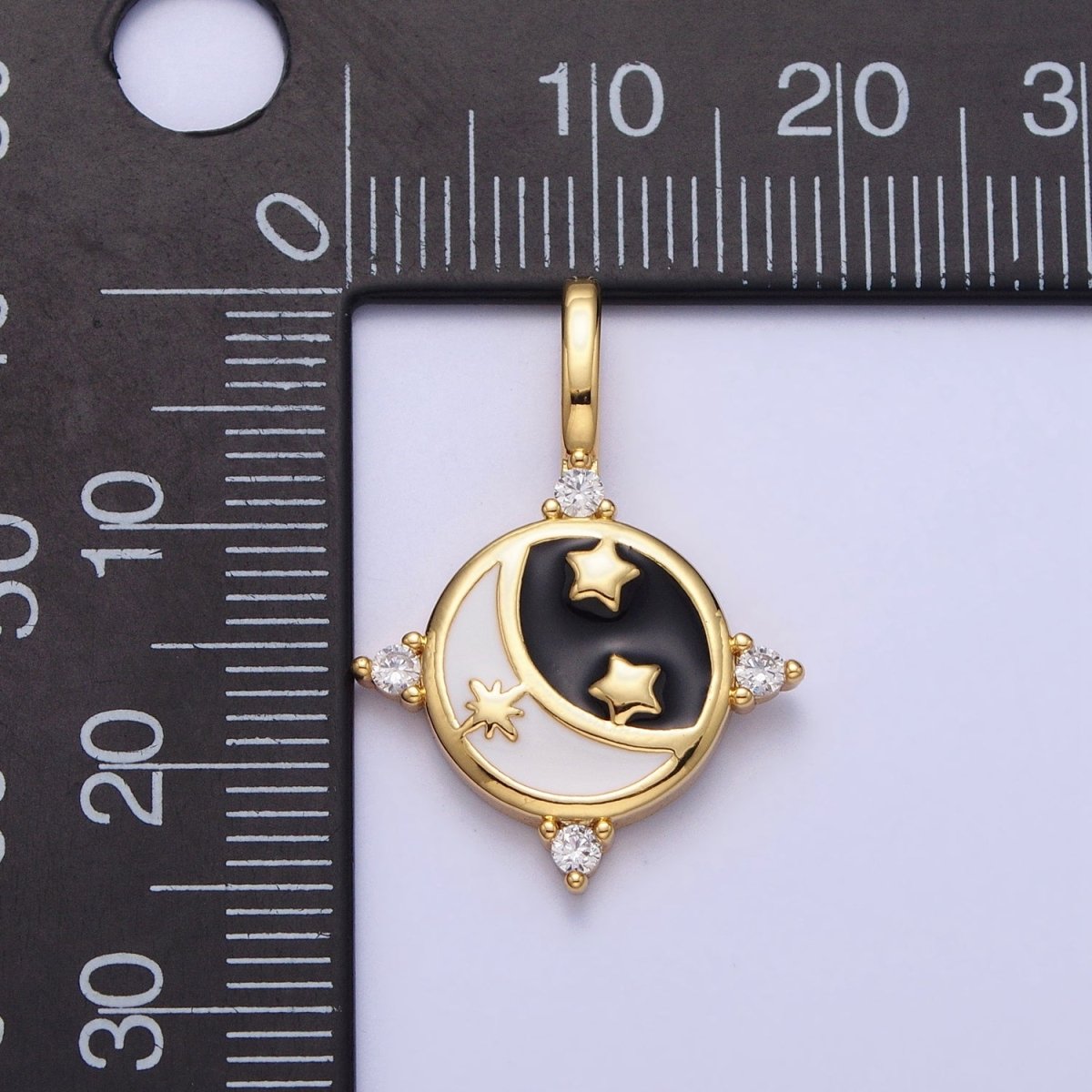 Gold, Silver Celestial Crescent Moon Stars Black & White Enamel Round Pendant | AA168, AA169