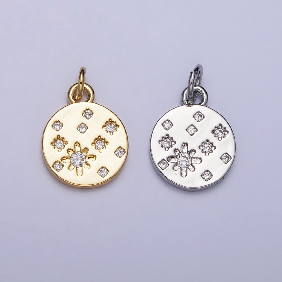 Gold, Silver Celestial North Stars CZ Dotted 11mm Round Coin Charm | AC984 AC992