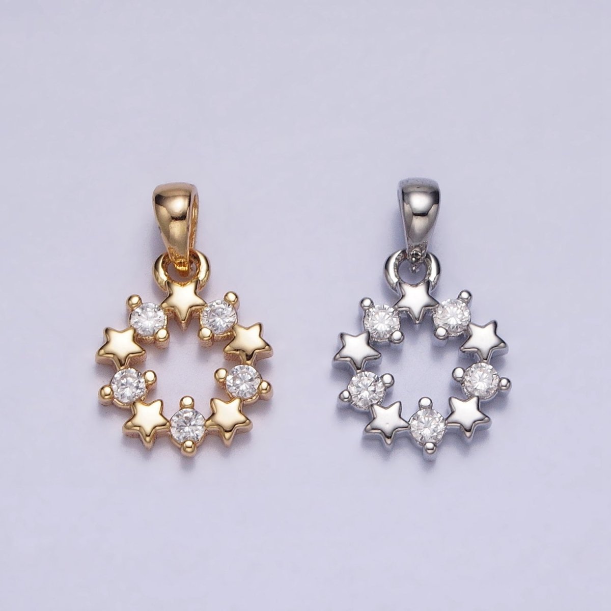 Gold, Silver Celestial Star Clear CZ Open Round Pendant | AA361 AA362