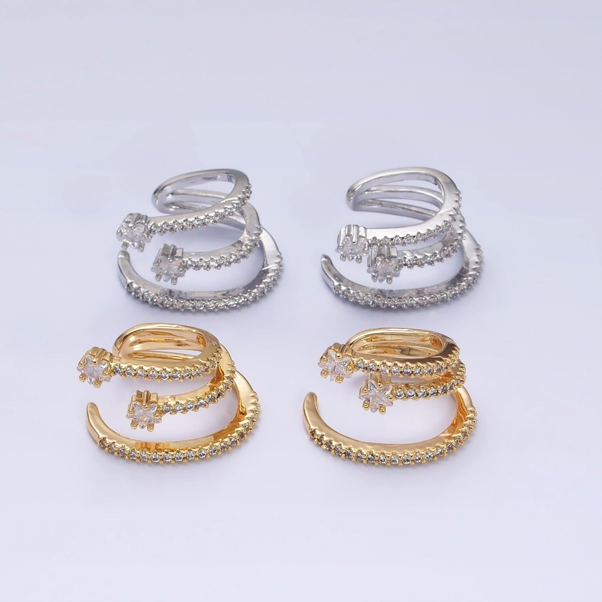 16K Gold Filled Celestial Star Triple Micro Paved CZ Claw Cuff Earrings in Gold & Silver | AB941 AB931