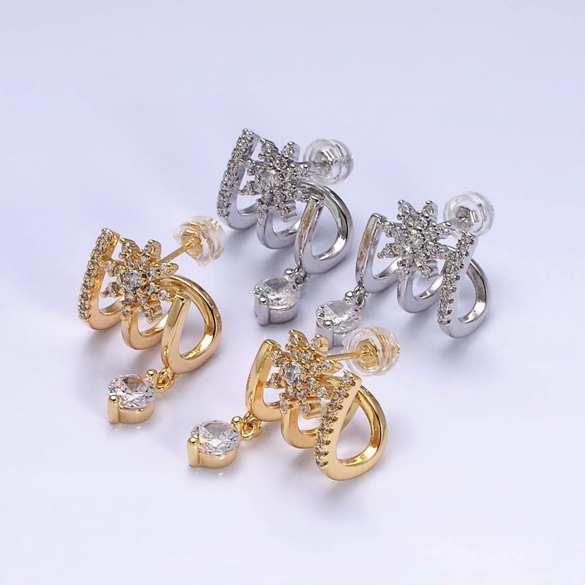Gold, Silver Celestial Star Flower CZ Drop Micro Paved Triple Band Claw Stud Earrings | AD1054 AD1055