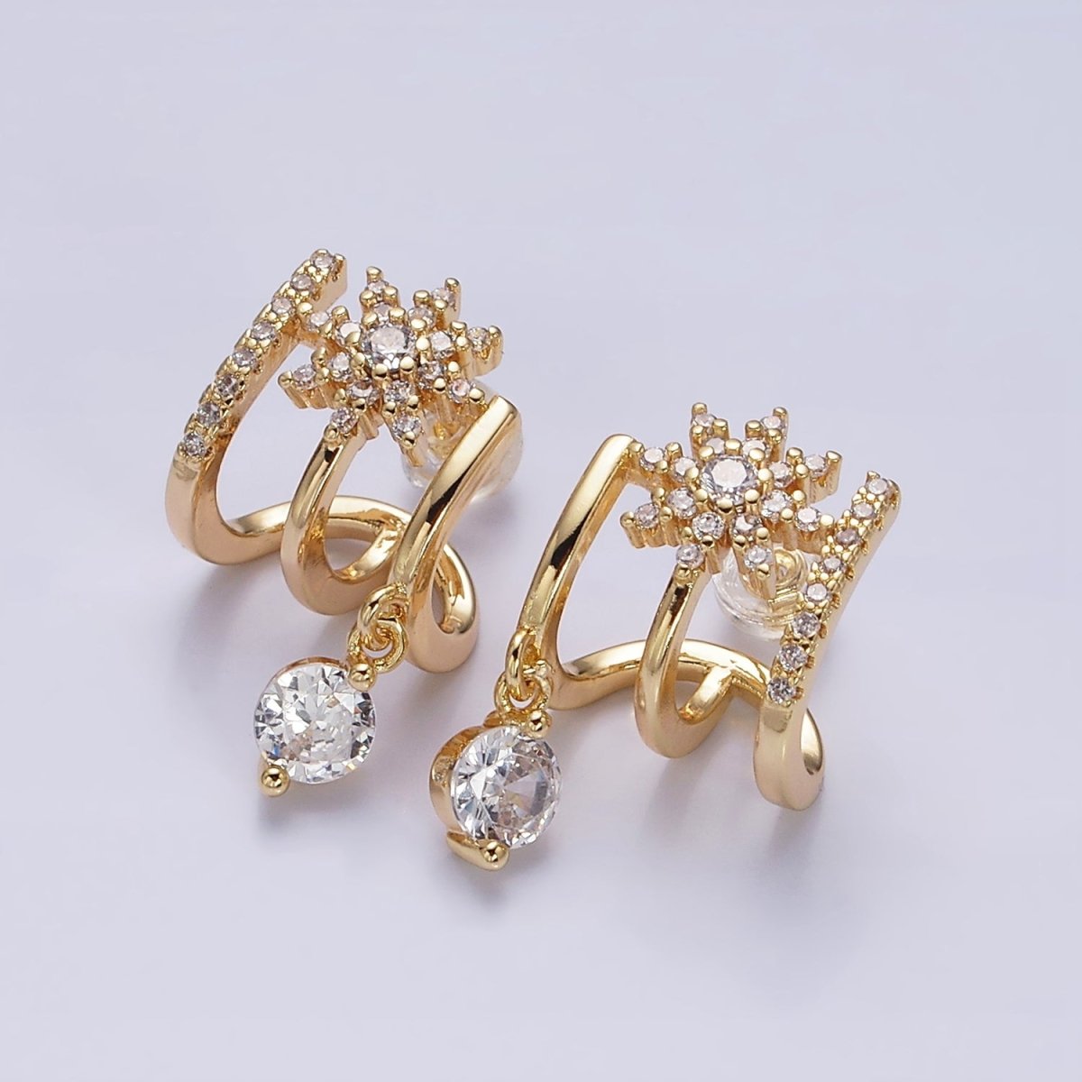 Gold, Silver Celestial Star Flower CZ Drop Micro Paved Triple Band Claw Stud Earrings | AD1054 AD1055