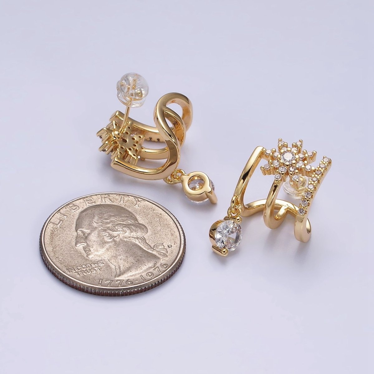 Gold, Silver Celestial Star Flower CZ Drop Micro Paved Triple Band Claw Stud Earrings | AD1054 AD1055