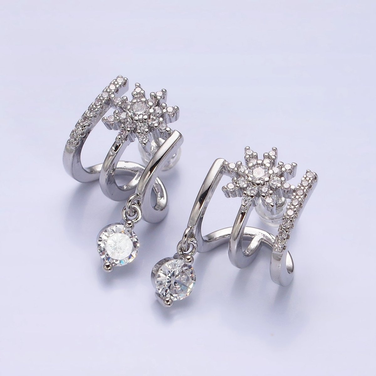 Gold, Silver Celestial Star Flower CZ Drop Micro Paved Triple Band Claw Stud Earrings | AD1054 AD1055