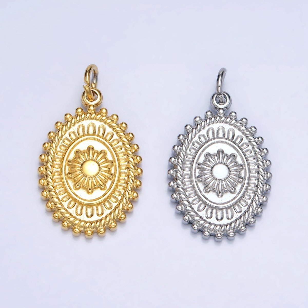 Gold, Silver Celestial Sun Textured Dotted Outline Artisan Oval Charm | AC627 AC628