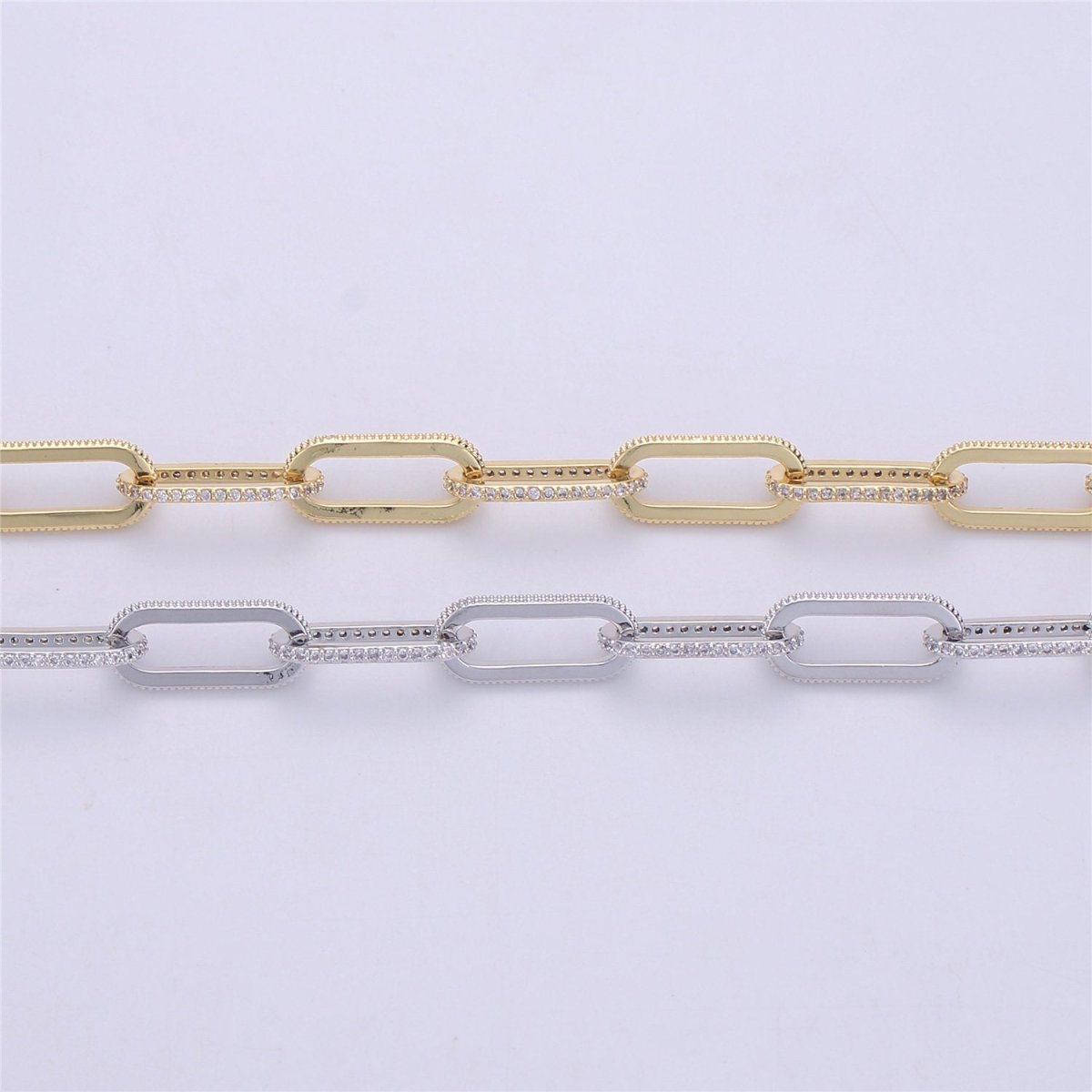 Gold Silver Chunky Micro Pave Necklace Chunky CZ Diamond Thick Elongated PAPERCLIP Chain by Meter in 24K Gold Filled for Jewelry Supply | WA1365 Clearance Pricing