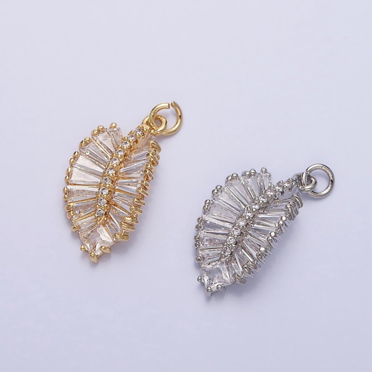 Gold, Silver Clear Baguette Micro Paved Nature Palm Leaf Charm | AC719 AC720