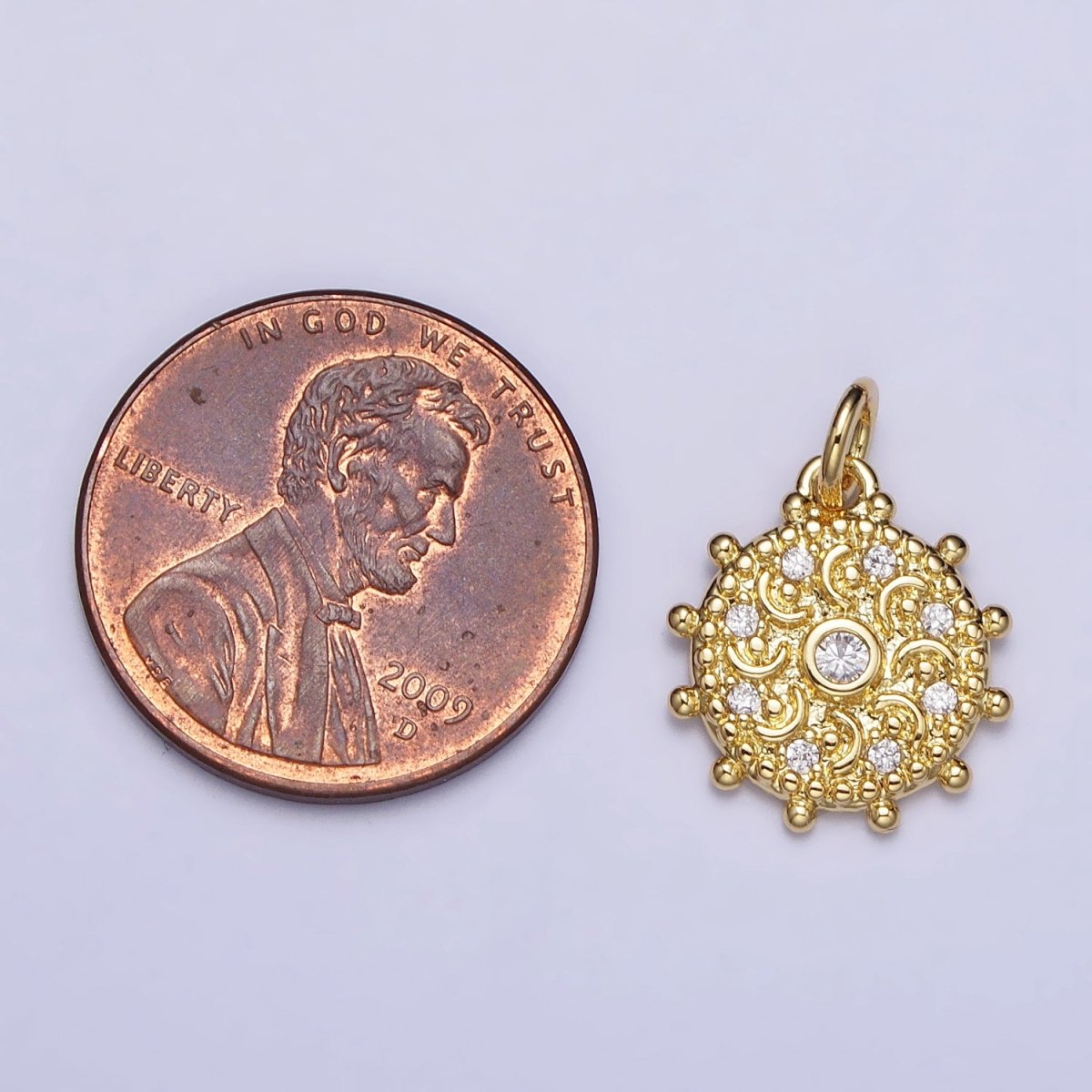 Gold, Silver Clear CZ Celestial Crescent Moon Textured Dotted Outline Charm | AC973 AC1009