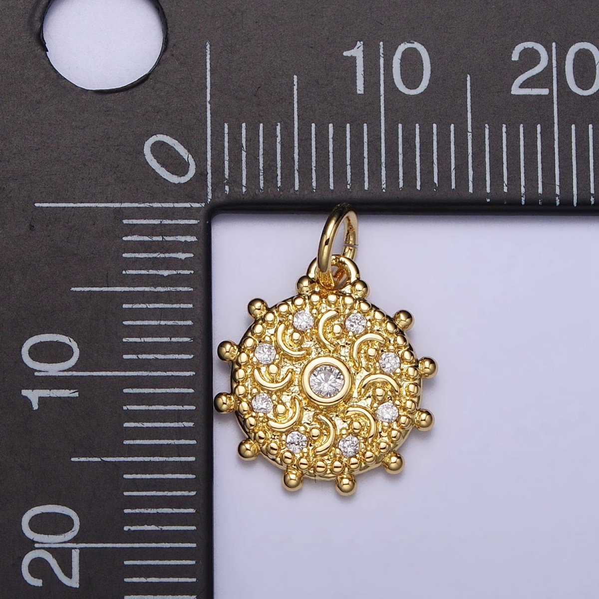 Gold, Silver Clear CZ Celestial Crescent Moon Textured Dotted Outline Charm | AC973 AC1009