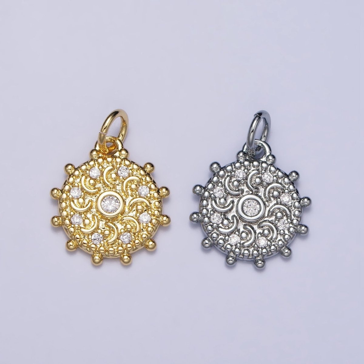 Gold, Silver Clear CZ Celestial Crescent Moon Textured Dotted Outline Charm | AC973 AC1009