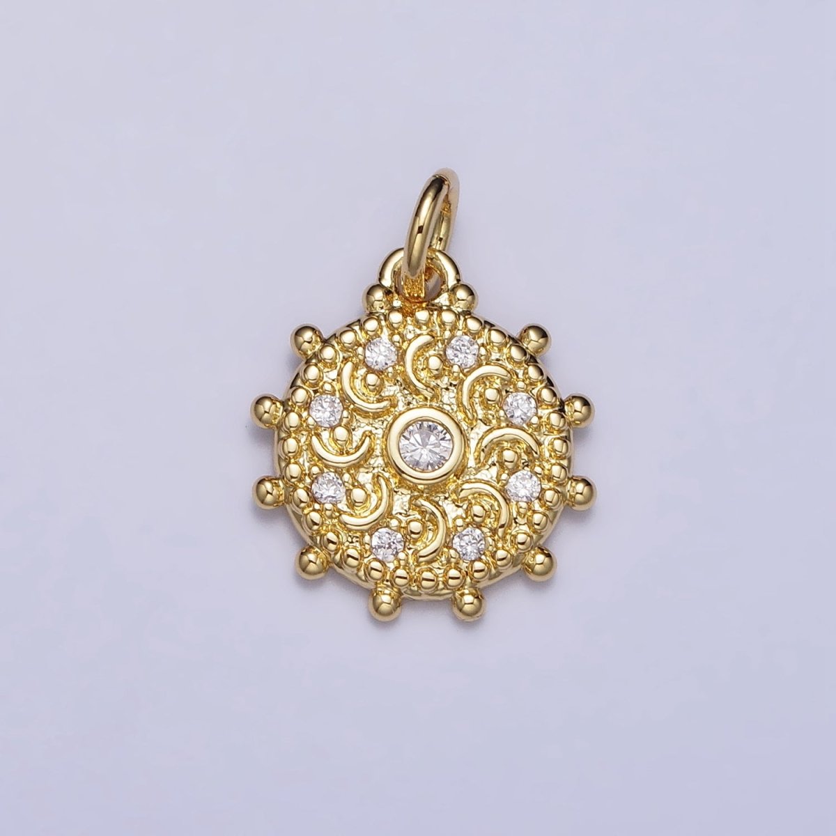 Gold, Silver Clear CZ Celestial Crescent Moon Textured Dotted Outline Charm | AC973 AC1009