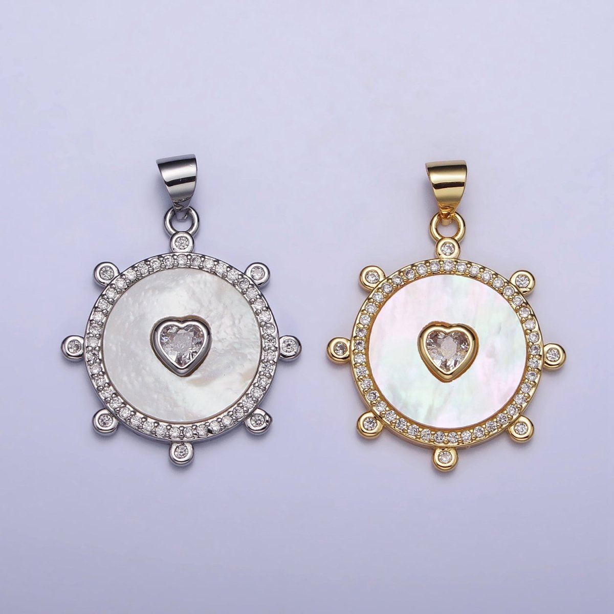Gold, Silver Clear CZ Heart Shell Pearl Round Micro Paved Dotted Outline Pendant | AC995 AC996