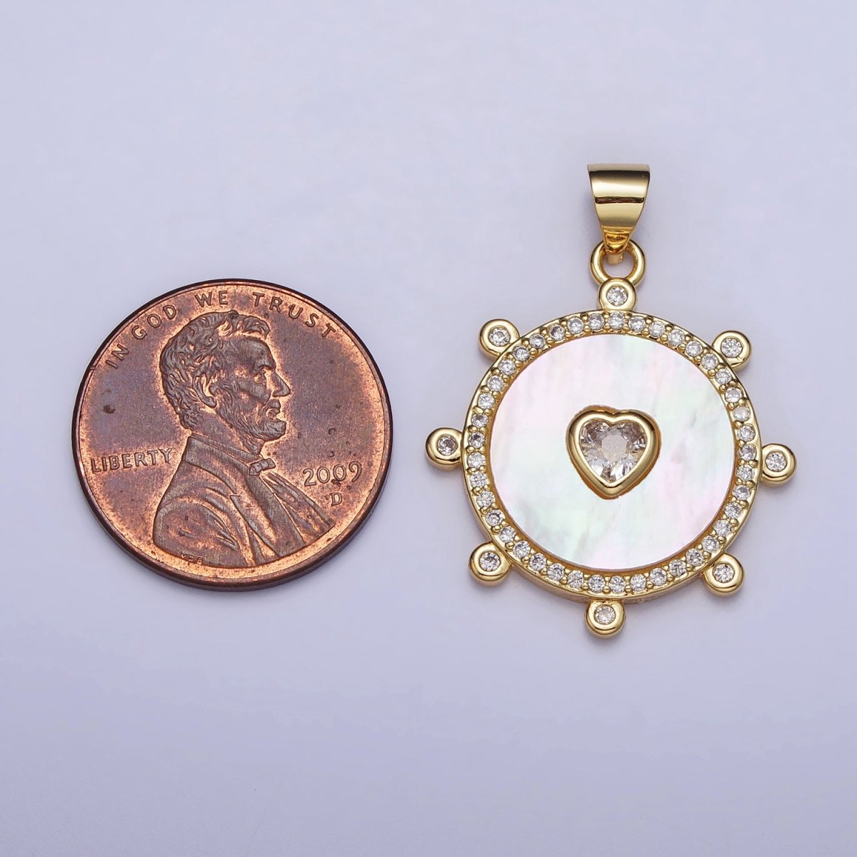 Gold, Silver Clear CZ Heart Shell Pearl Round Micro Paved Dotted Outline Pendant | AC995 AC996