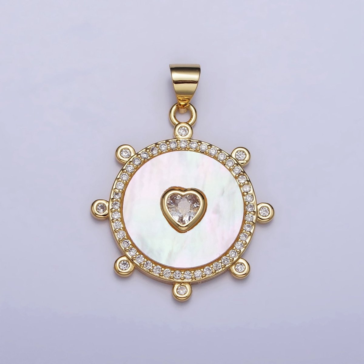Gold, Silver Clear CZ Heart Shell Pearl Round Micro Paved Dotted Outline Pendant | AC995 AC996