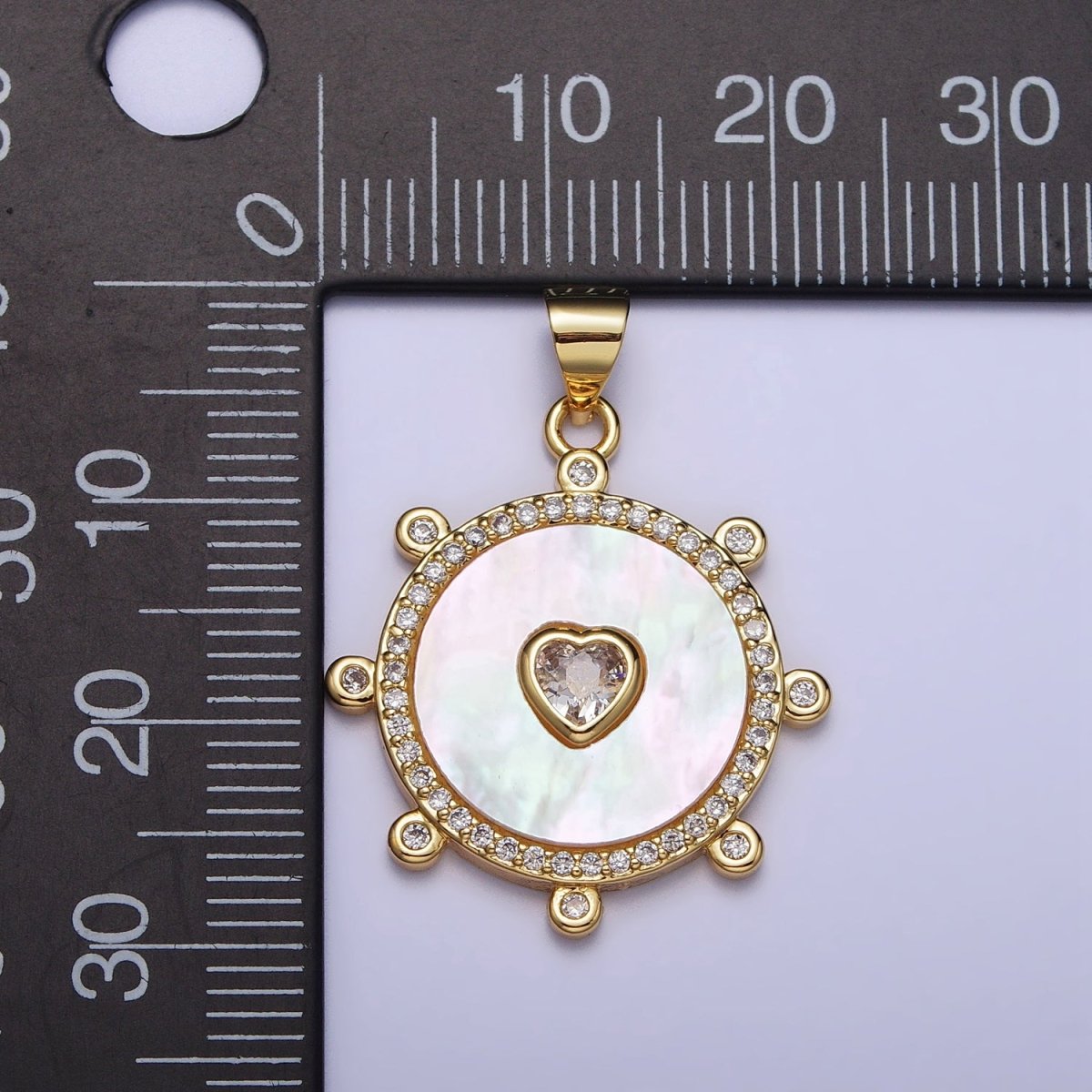 Gold, Silver Clear CZ Heart Shell Pearl Round Micro Paved Dotted Outline Pendant | AC995 AC996