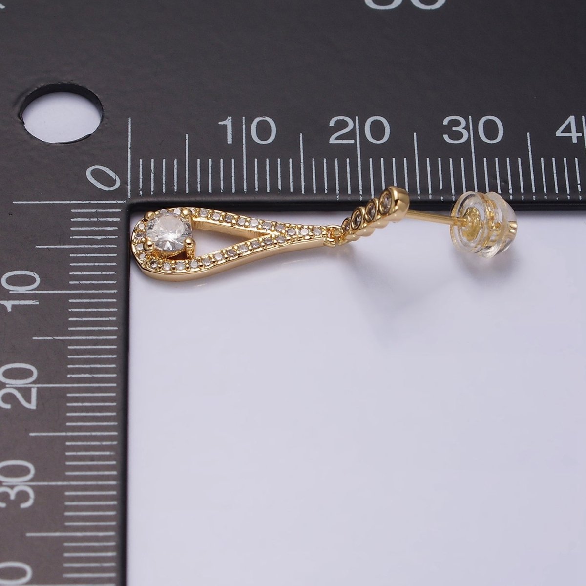 Gold, Silver Clear CZ Round Open Teardrop Linear Drop Stud Earrings | AD964 AD965