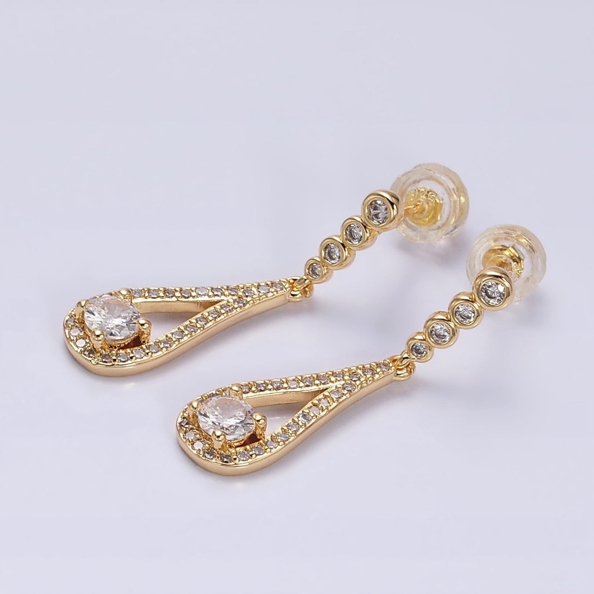 Gold, Silver Clear CZ Round Open Teardrop Linear Drop Stud Earrings | AD964 AD965