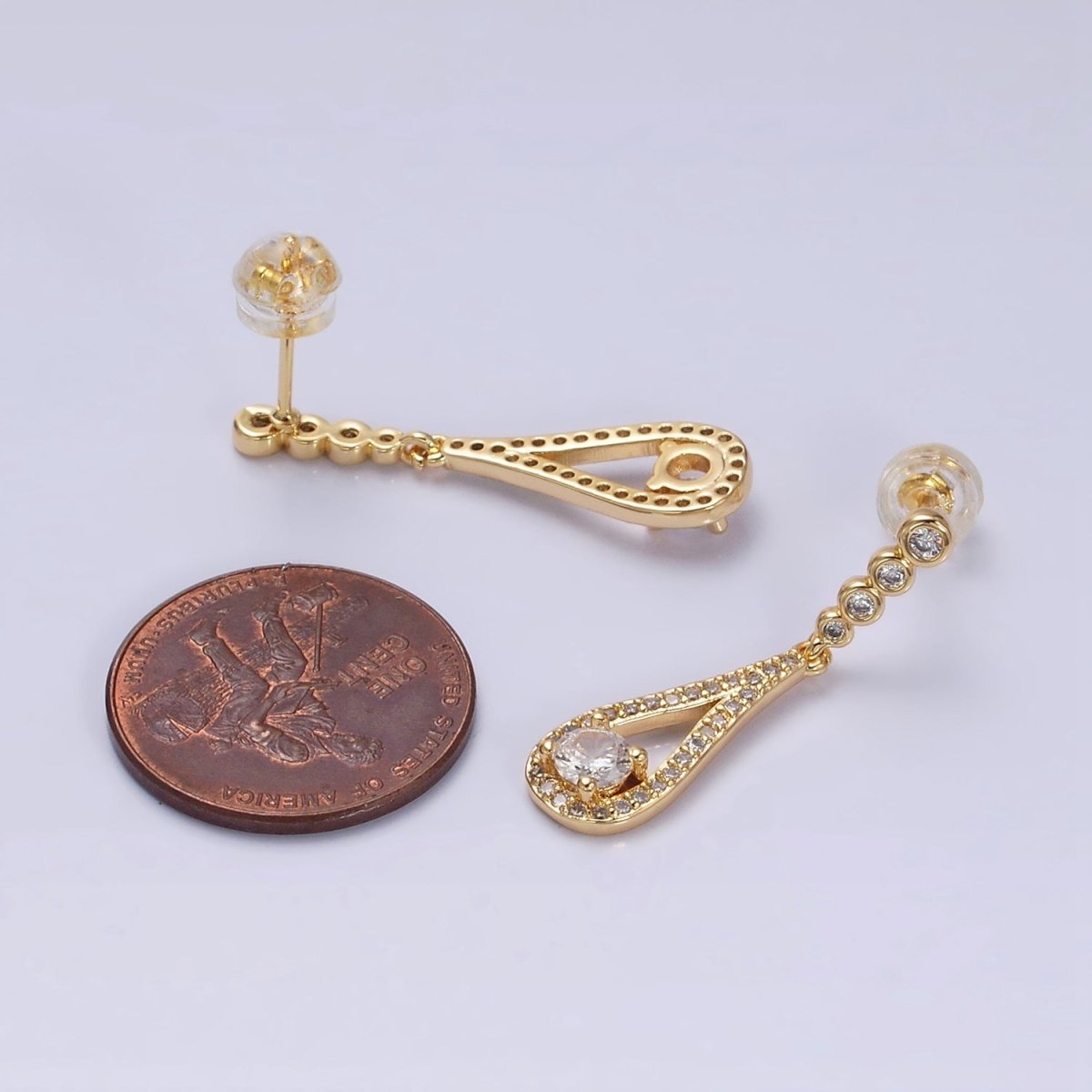 Gold, Silver Clear CZ Round Open Teardrop Linear Drop Stud Earrings | AD964 AD965