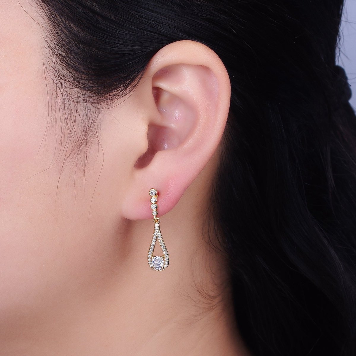 Gold, Silver Clear CZ Round Open Teardrop Linear Drop Stud Earrings | AD964 AD965
