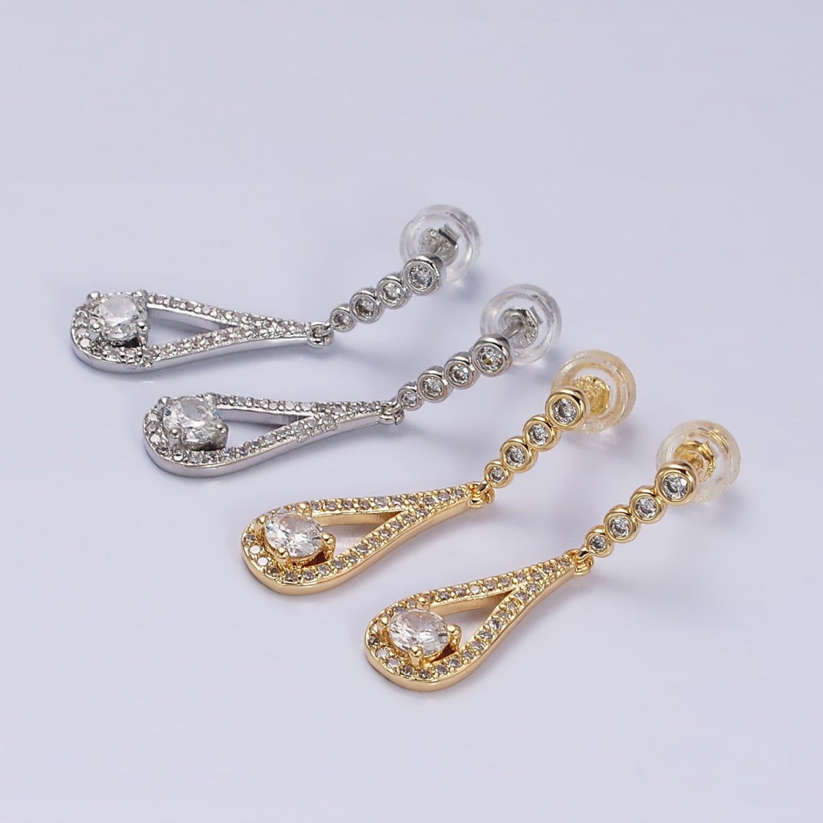 Gold, Silver Clear CZ Round Open Teardrop Linear Drop Stud Earrings | AD964 AD965