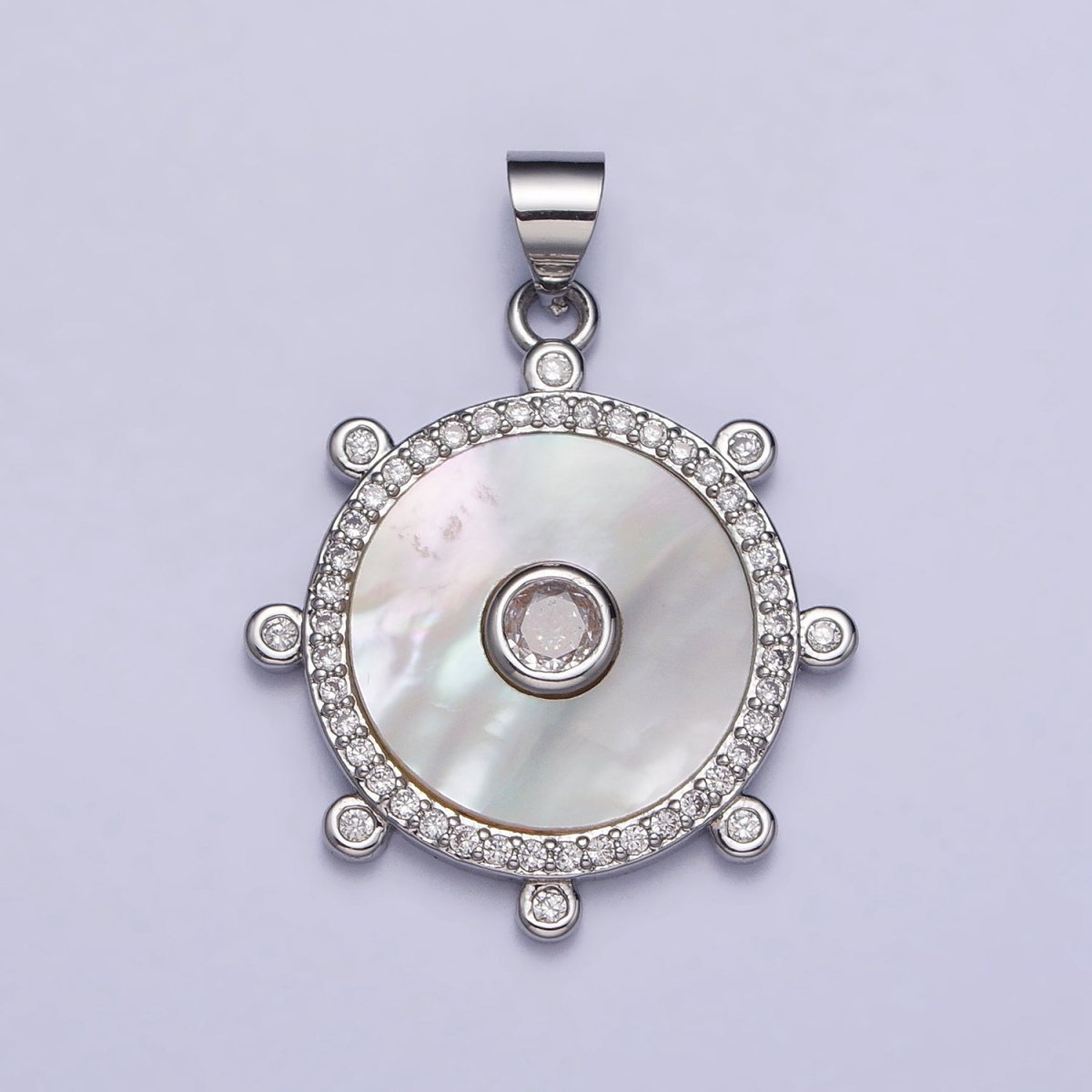 Gold, Silver Clear CZ Shell Pearl Round Micro Paved Dotted Outline Pendant | AA407 AA408