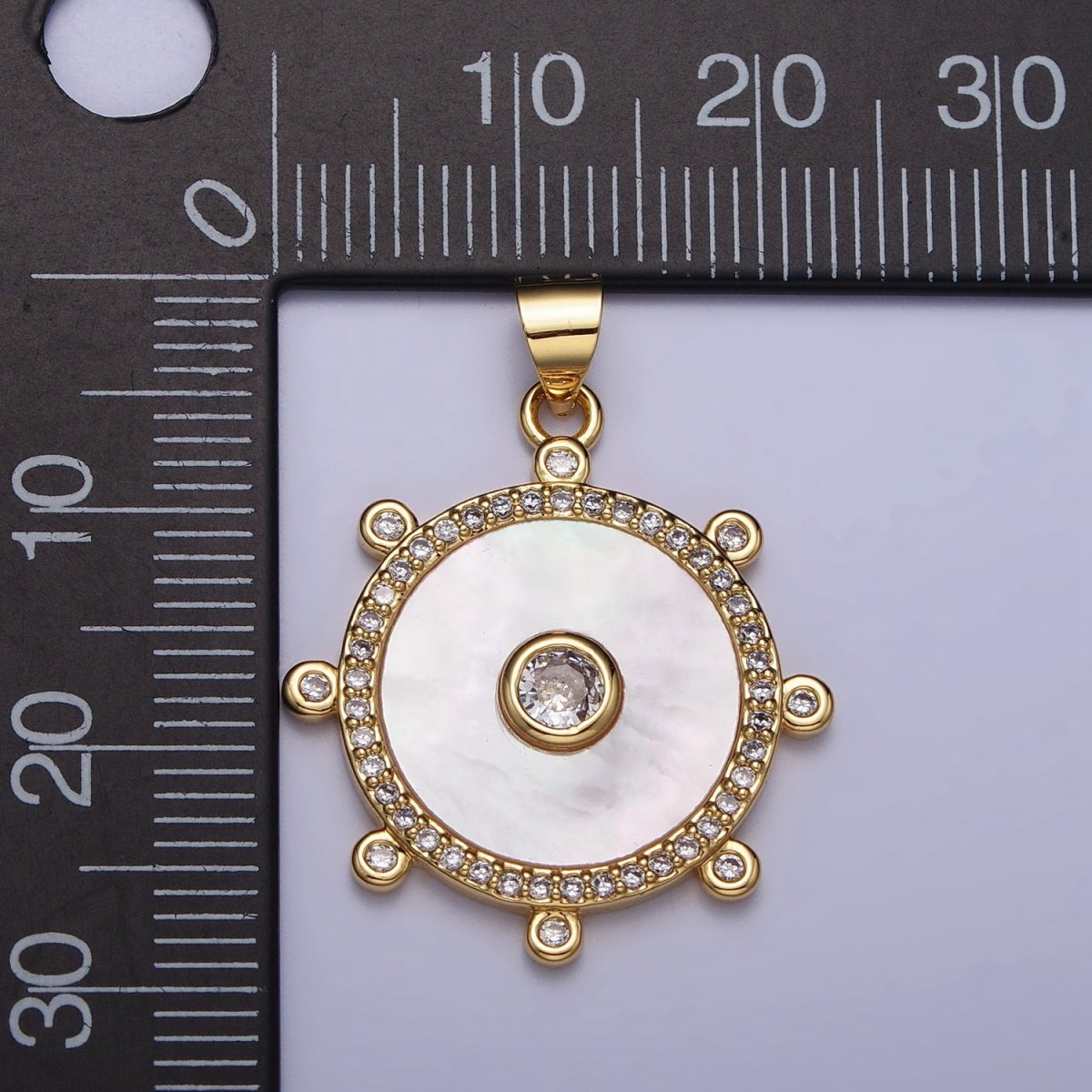 Gold, Silver Clear CZ Shell Pearl Round Micro Paved Dotted Outline Pendant | AA407 AA408