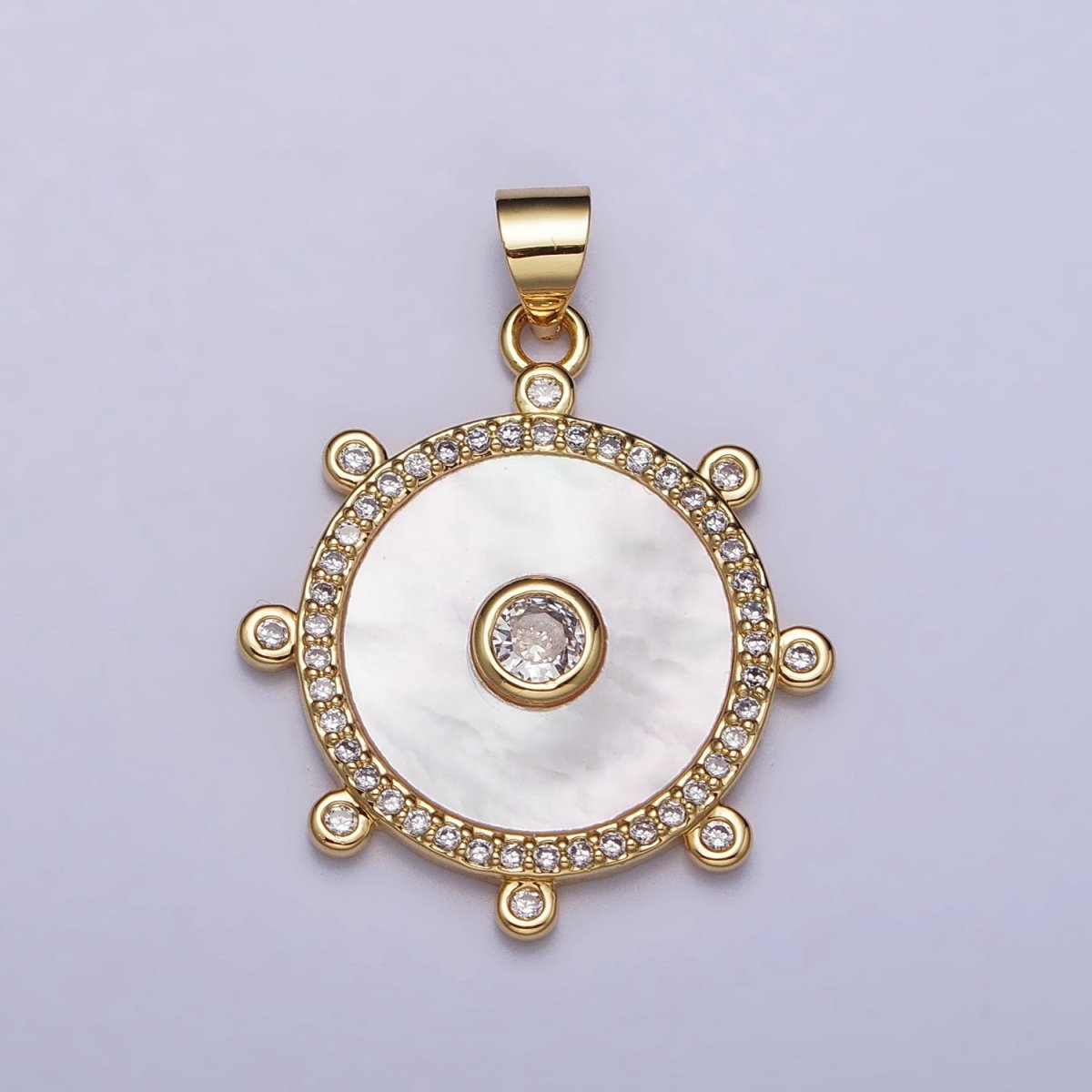Gold, Silver Clear CZ Shell Pearl Round Micro Paved Dotted Outline Pendant | AA407 AA408