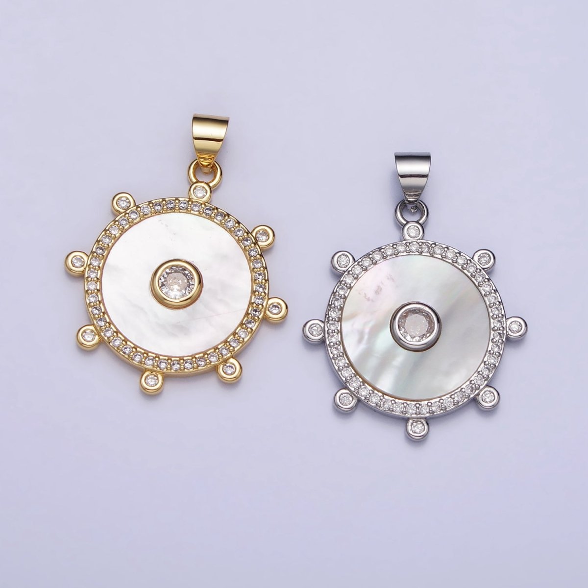 Gold, Silver Clear CZ Shell Pearl Round Micro Paved Dotted Outline Pendant | AA407 AA408