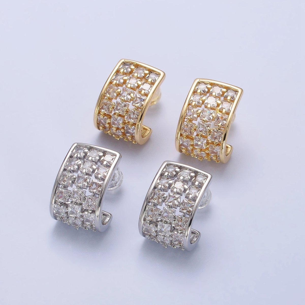 Gold, Silver Clear CZ Square Lined Wide J-Shaped Mini Hoop Earrings | AB368 AB369