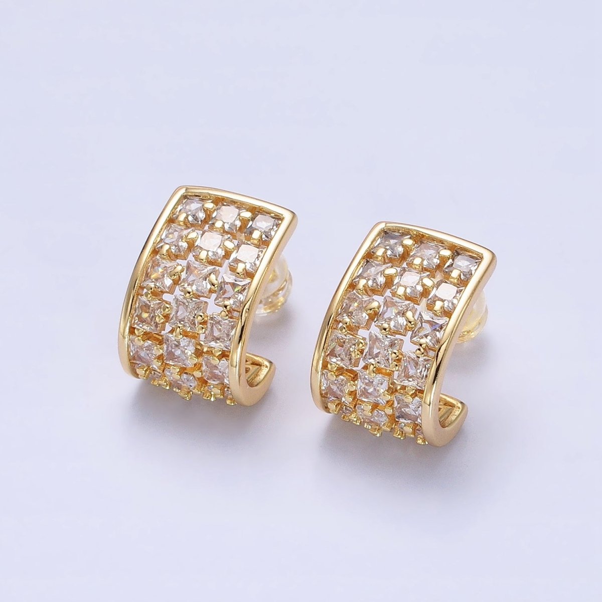 Gold, Silver Clear CZ Square Lined Wide J-Shaped Mini Hoop Earrings | AB368 AB369