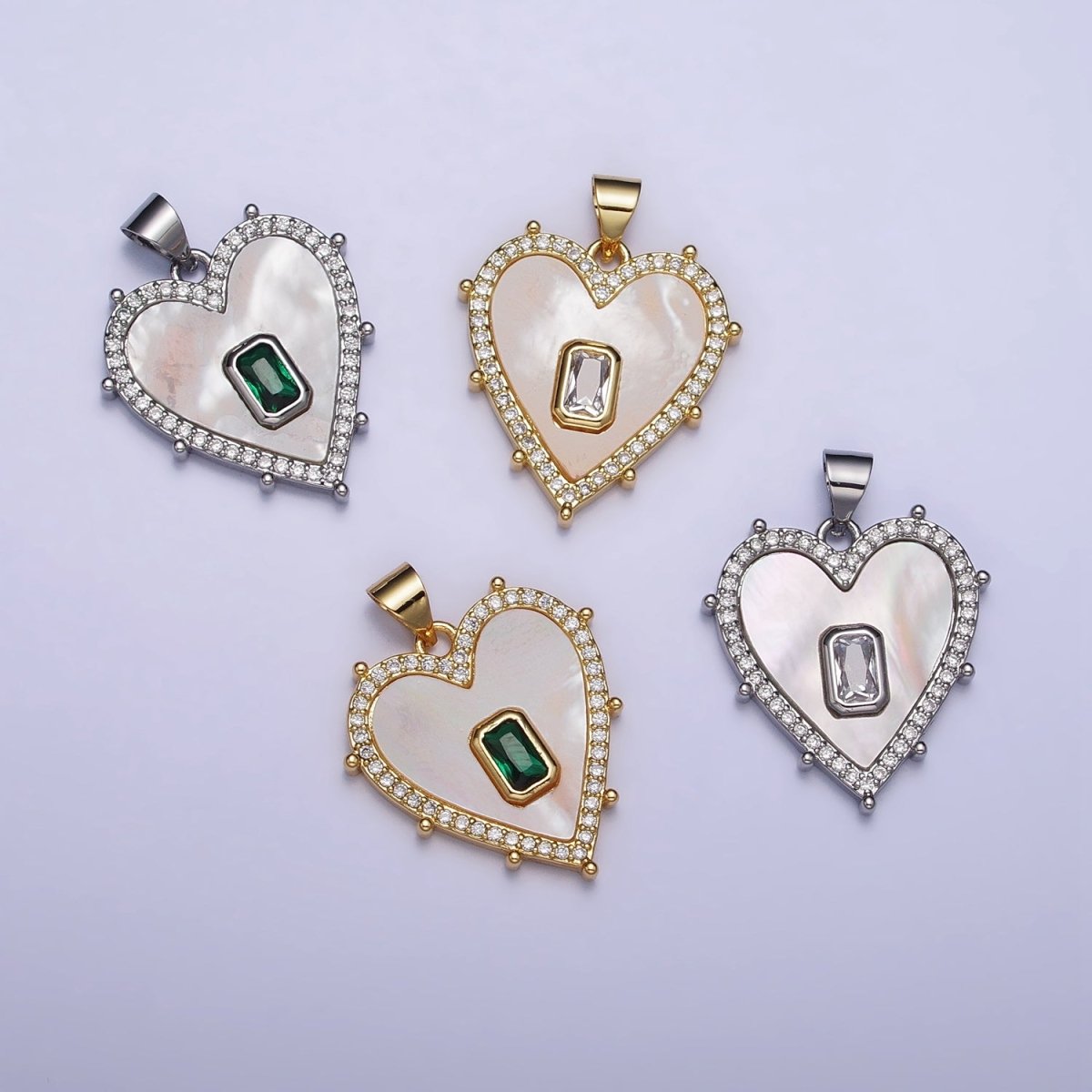 Gold, Silver Clear, Green Baguette Shell Pearl Heart Micro Paved Dotted Outline Pendant | AA399 AA400, AA405, AA394
