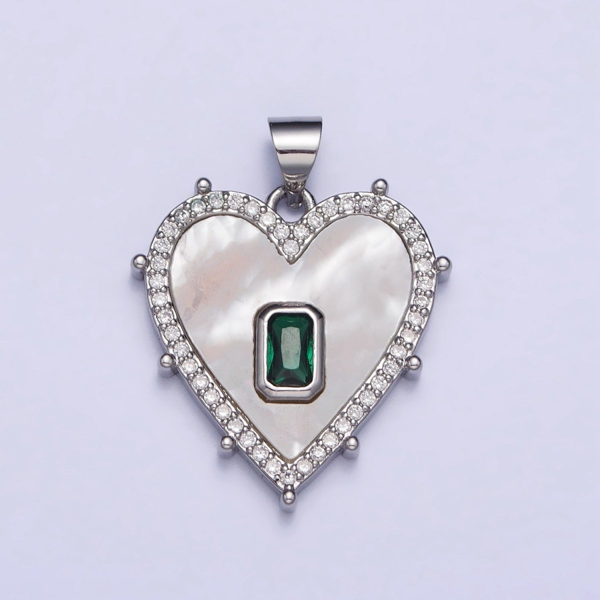 Gold, Silver Clear, Green Baguette Shell Pearl Heart Micro Paved Dotted Outline Pendant | AA399 AA400, AA405, AA394
