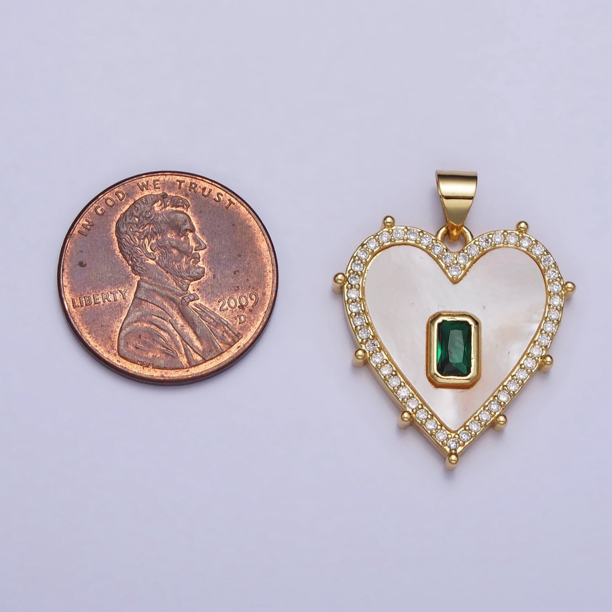 Gold, Silver Clear, Green Baguette Shell Pearl Heart Micro Paved Dotted Outline Pendant | AA399 AA400, AA405, AA394