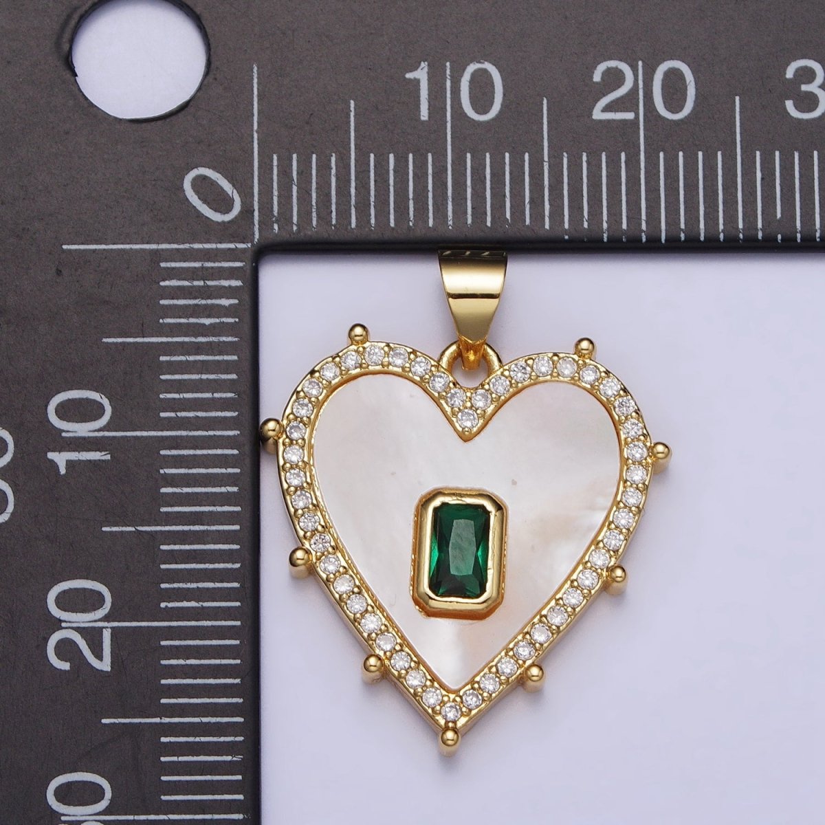 Gold, Silver Clear, Green Baguette Shell Pearl Heart Micro Paved Dotted Outline Pendant | AA399 AA400, AA405, AA394