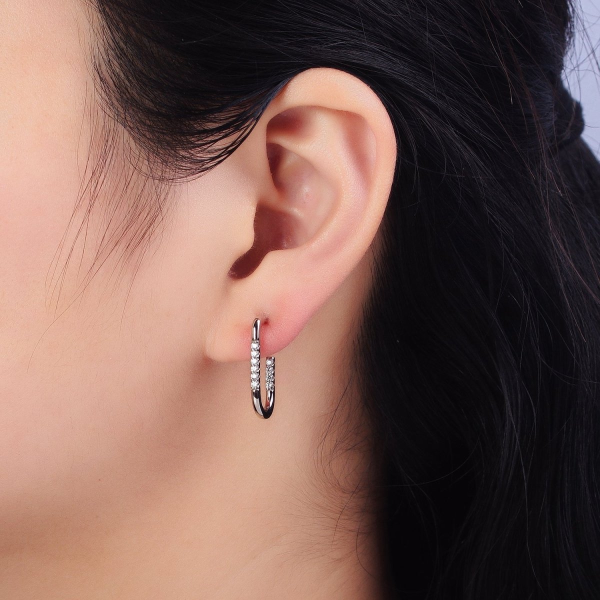 Gold, Silver Clear Micro Paved CZ Front J-Shaped Geometric Hoop Earrings | AD-053 AB-430