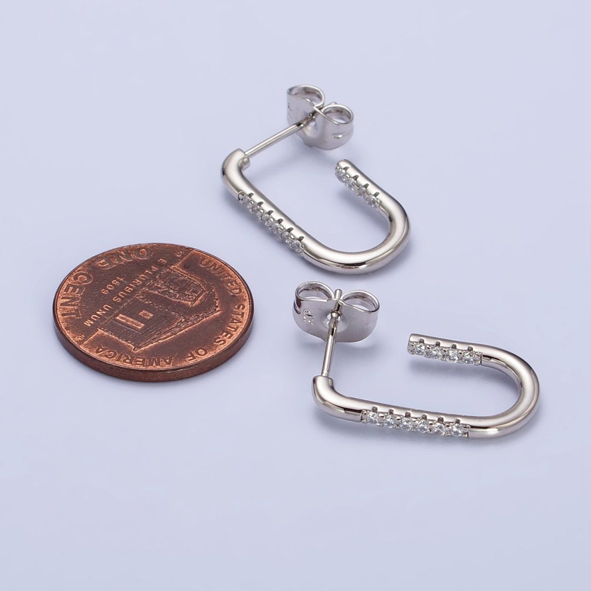 Gold, Silver Clear Micro Paved CZ Front J-Shaped Geometric Hoop Earrings | AD-053 AB-430