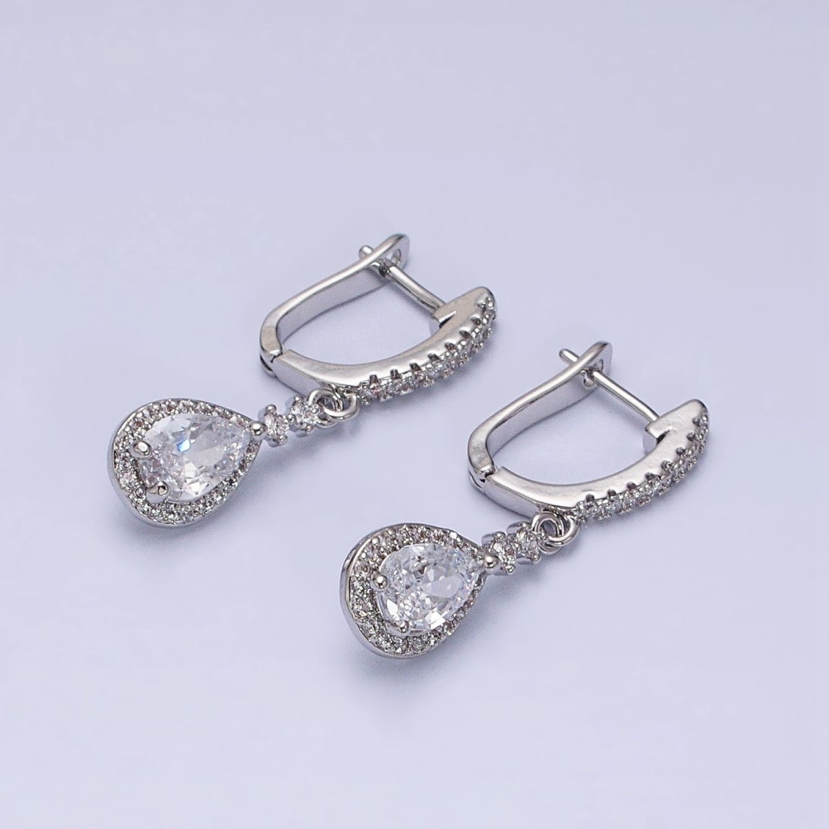 Gold, Silver Clear, Purple Teardrop CZ Micro Paved English Lock Drop Earrings | AD917 - AD920 no