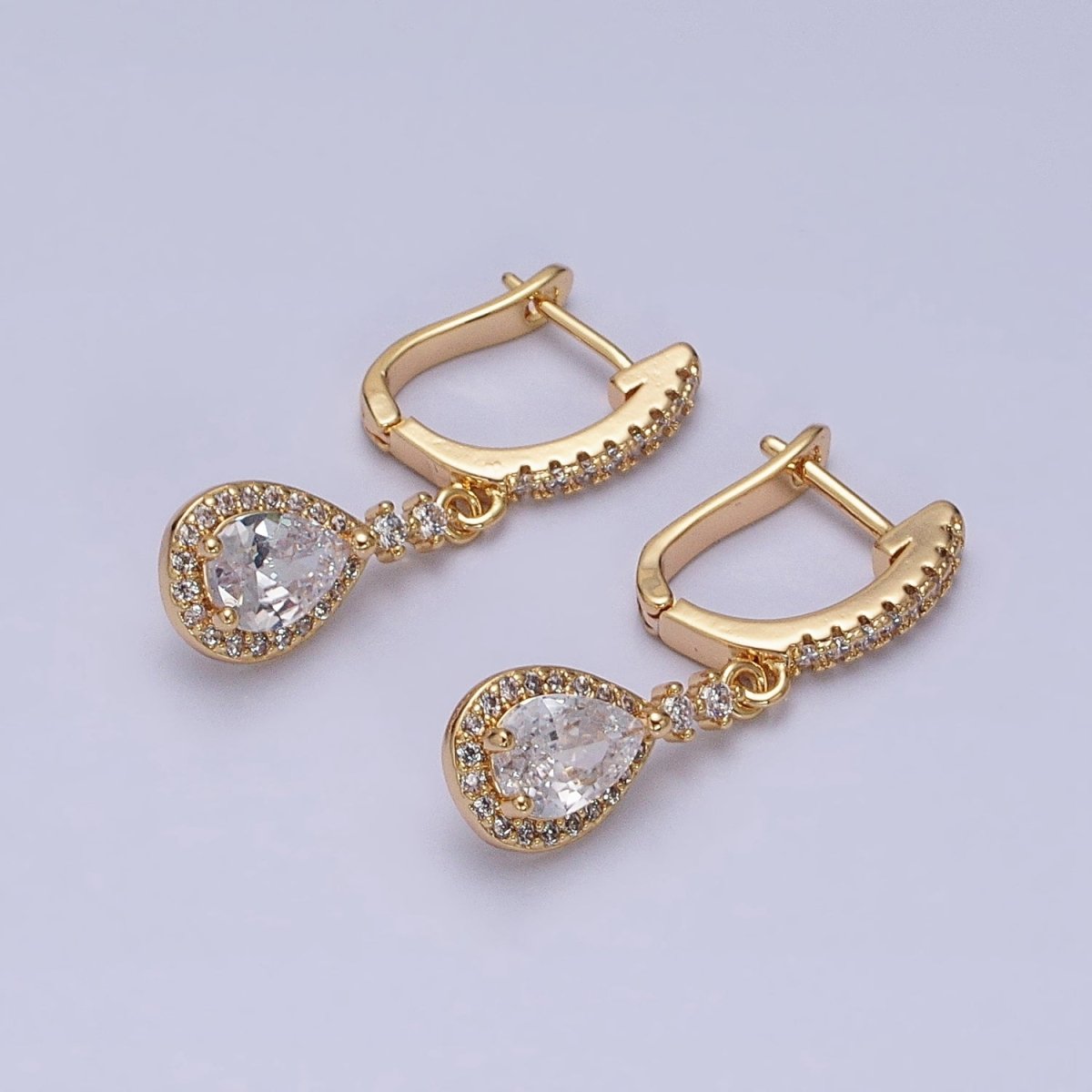 Gold, Silver Clear, Purple Teardrop CZ Micro Paved English Lock Drop Earrings | AD917 - AD920 no