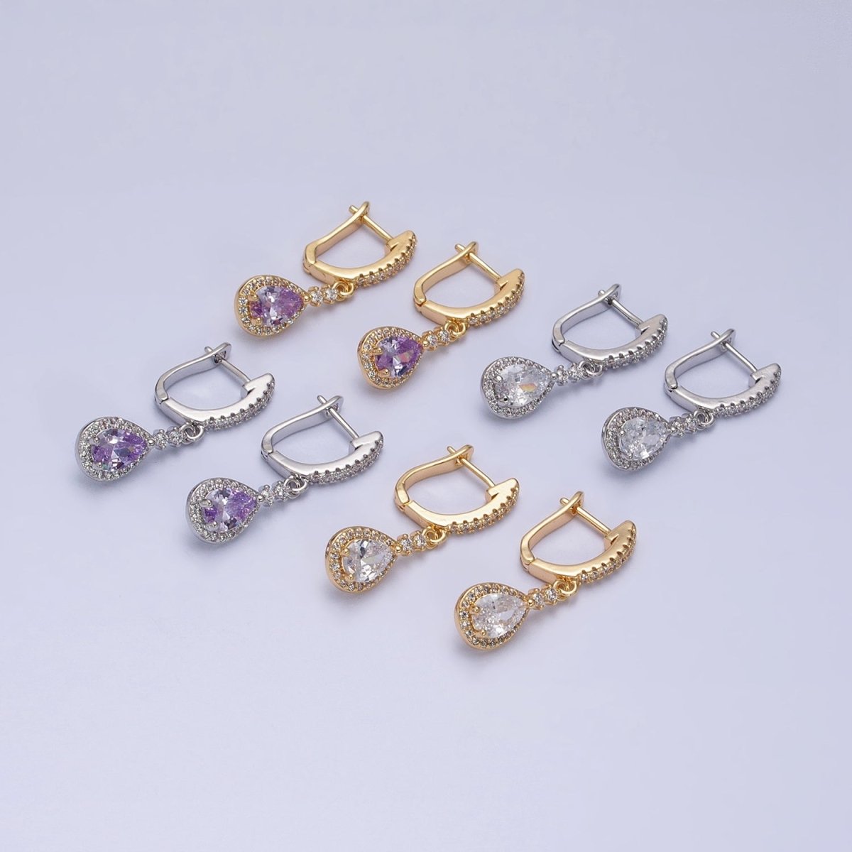 Gold, Silver Clear, Purple Teardrop CZ Micro Paved English Lock Drop Earrings | AD917 - AD920 no