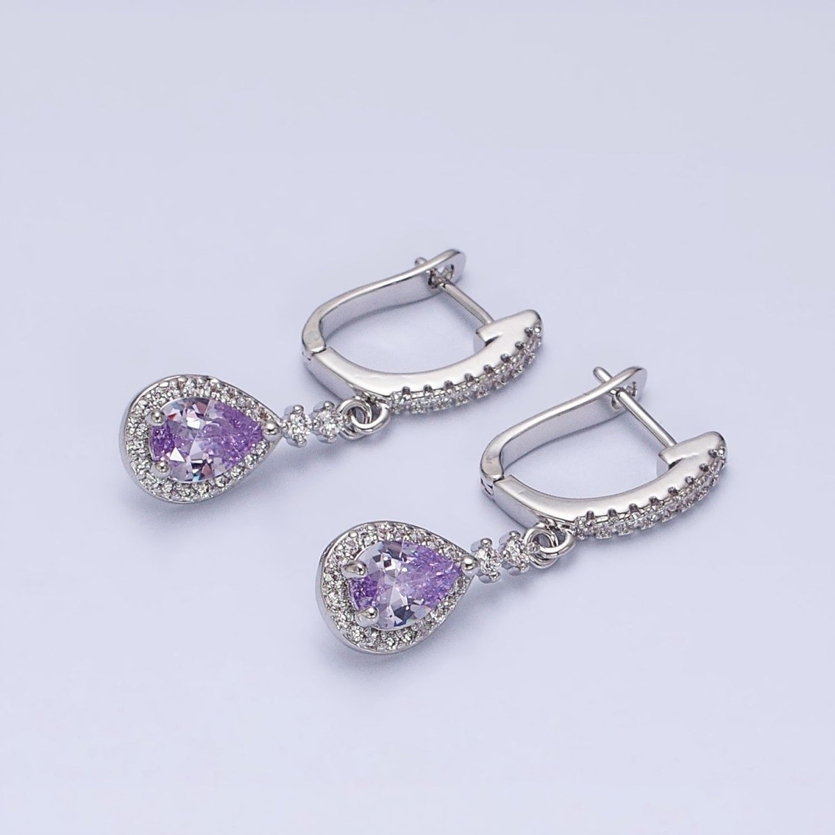 Gold, Silver Clear, Purple Teardrop CZ Micro Paved English Lock Drop Earrings | AD917 - AD920 no
