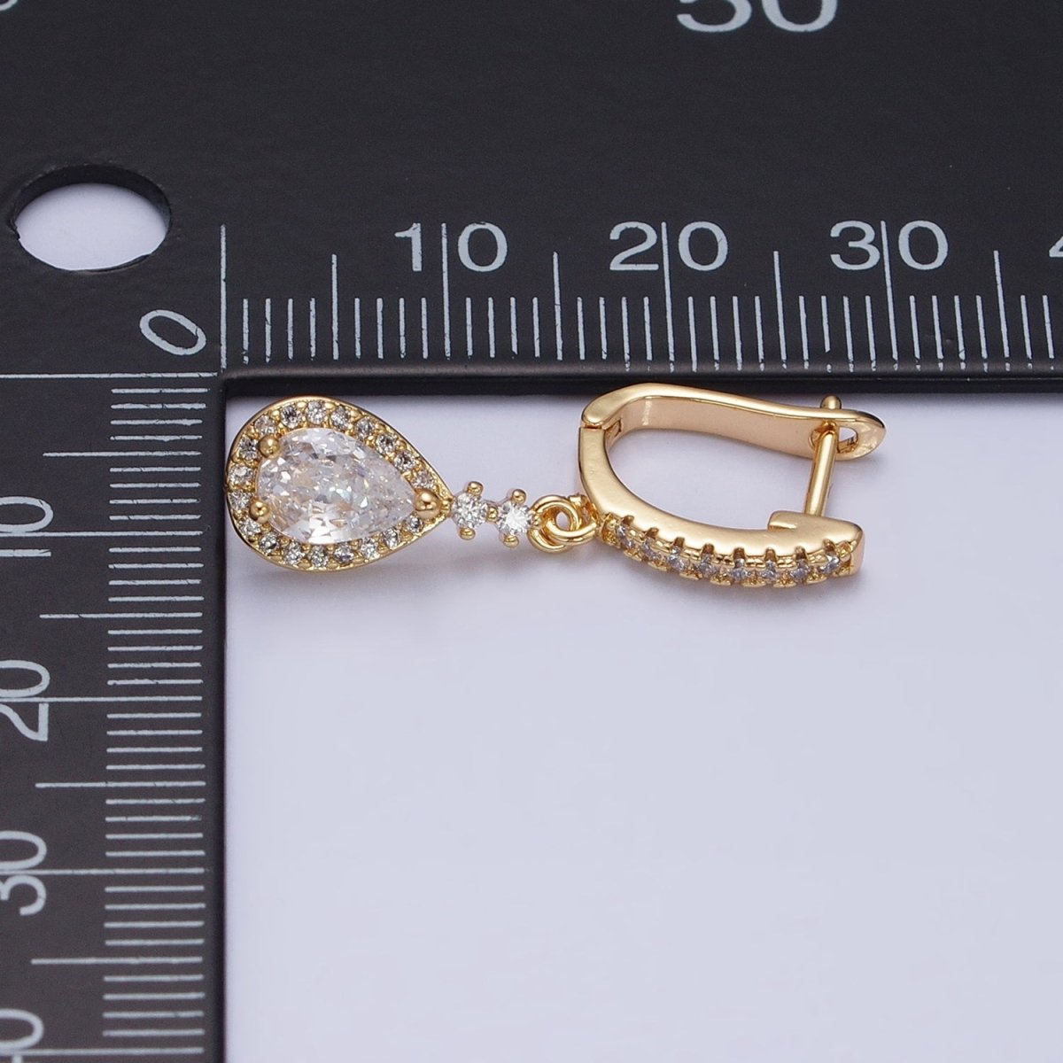 Gold, Silver Clear, Purple Teardrop CZ Micro Paved English Lock Drop Earrings | AD917 - AD920 no