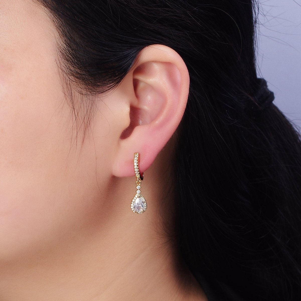 Gold, Silver Clear, Purple Teardrop CZ Micro Paved English Lock Drop Earrings | AD917 - AD920 no