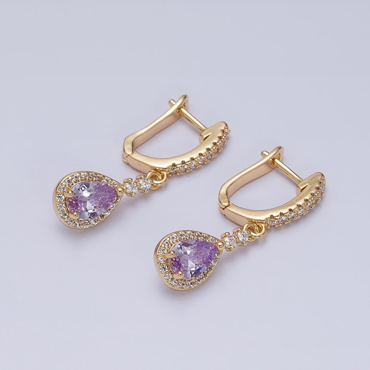 Gold, Silver Clear, Purple Teardrop CZ Micro Paved English Lock Drop Earrings | AD917 - AD920 no