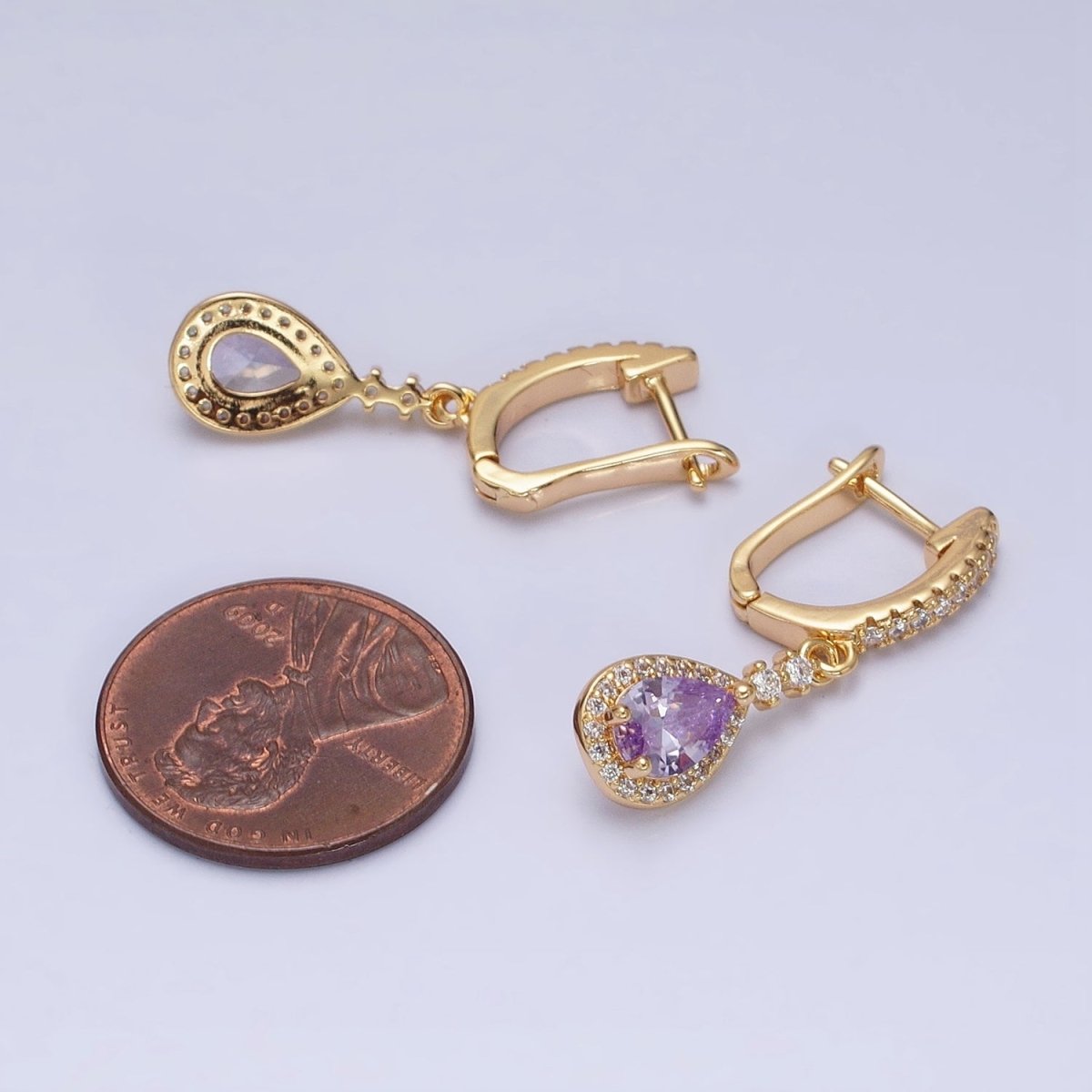 Gold, Silver Clear, Purple Teardrop CZ Micro Paved English Lock Drop Earrings | AD917 - AD920 no