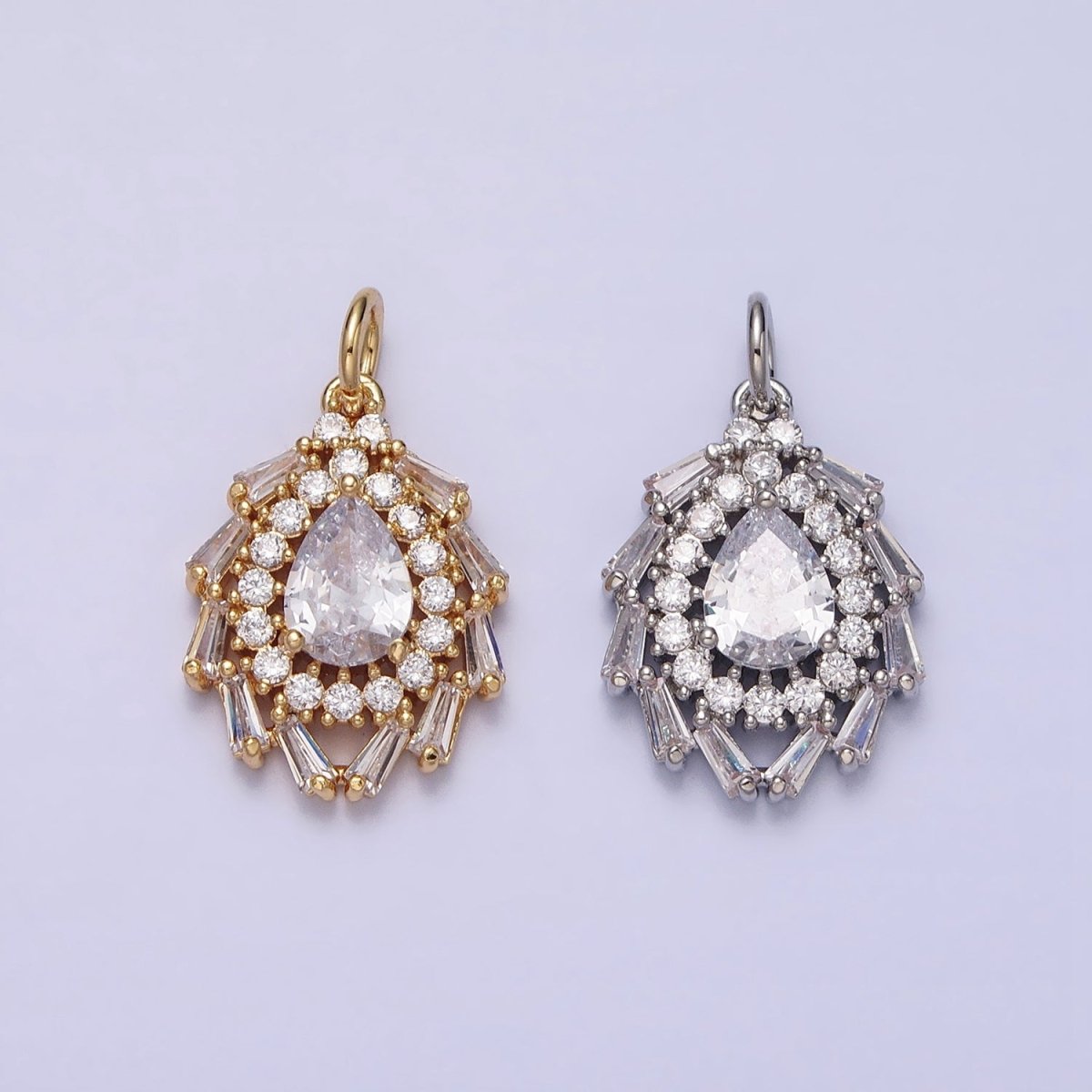 Gold, Silver Clear Teardrop CZ Round Baguette Lined Charm | AC496 AC497