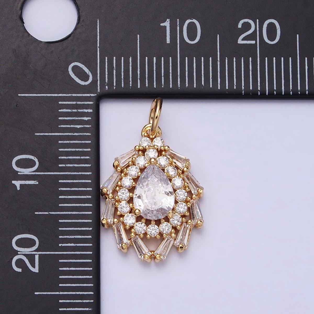 Gold, Silver Clear Teardrop CZ Round Baguette Lined Charm | AC496 AC497